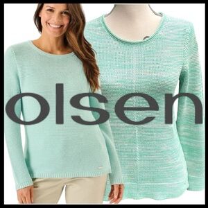 Olsen Heathered Mint Green/White Cotton Split Hem Scoop Neck Knit Sweater (XS)
